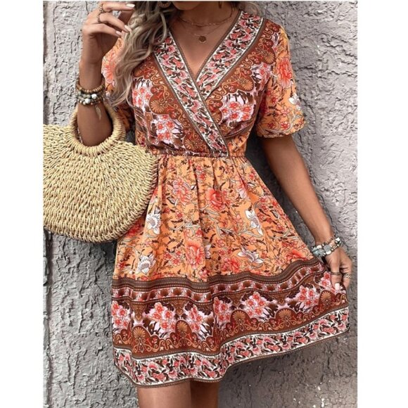 🩵 boho gypsy paisley print floral short sleeve v neck mini dress blue - Picture 2 of 3
